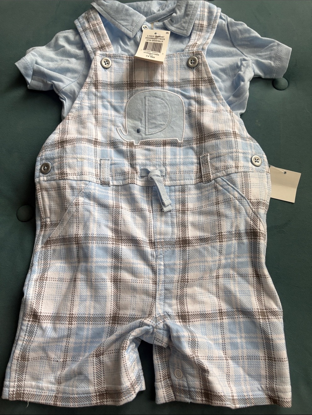 First Impressions Light Blue Plaid Short Overalls with Elephant Appliqué